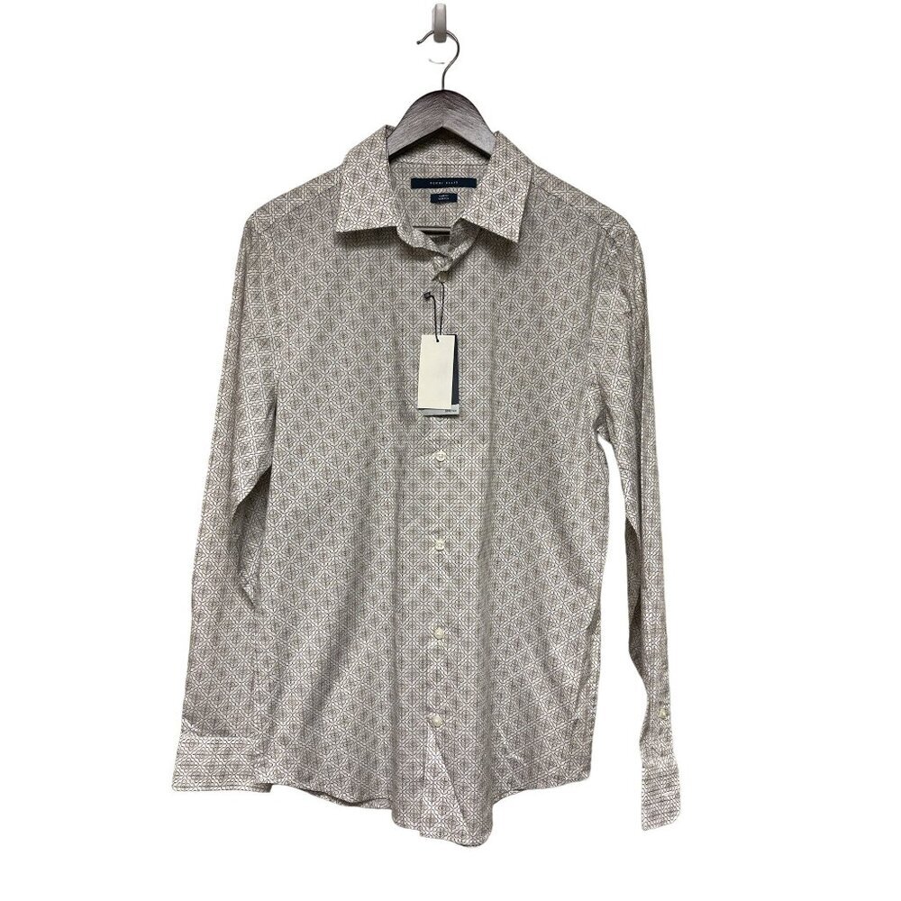 Perry Ellis Men's Shirt Dress Bright White Geometric Slim Fit Stretch Medium NEW
